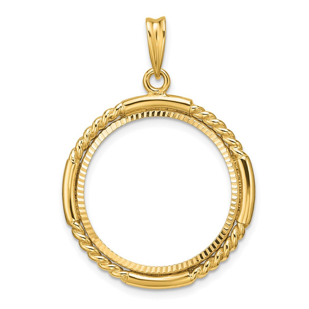 14k Yellow Gold Polished Quadruple Twist and Diamond-cut 21.6mm Prong Coin Bezel Pendant