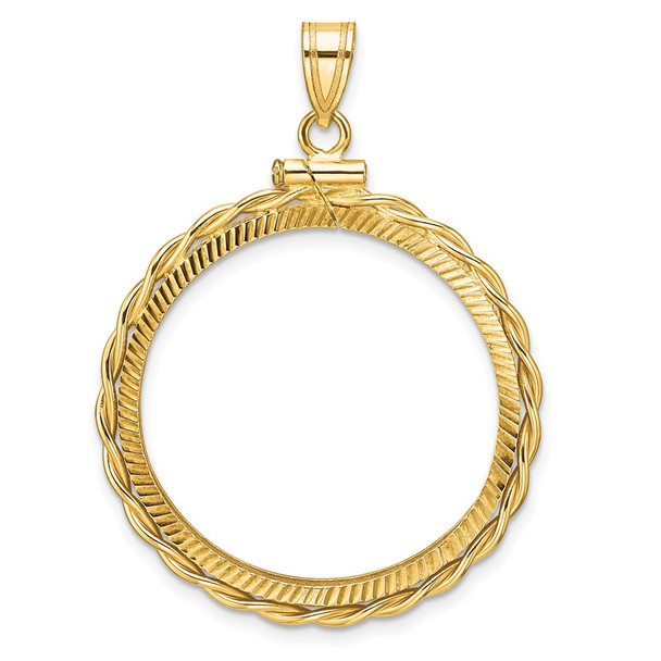 14k Yellow Gold Polished Twisted Wire and Diamond-cut 27.0mm x 2.35mm Screw Top Coin Bezel Pendant