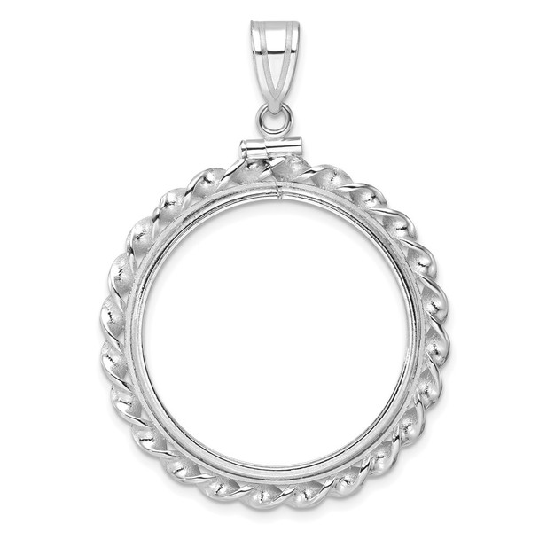 14k White Gold Polished Wide Twisted Wire 27.0mm x 2.35mm Screw Top Coin Bezel Pendant