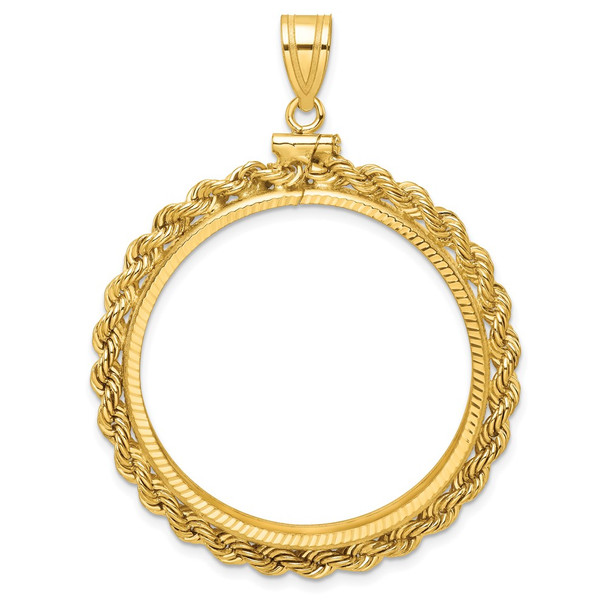 10k Yellow Gold Polished Rope and Diamond-cut 32.7mm x 3.00mm Screw Top Coin Bezel Pendant