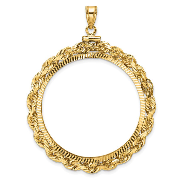 14k Yellow Gold Polished Rope and Diamond-cut 34.2mm x 2.85mm Screw Top Coin Bezel Pendant