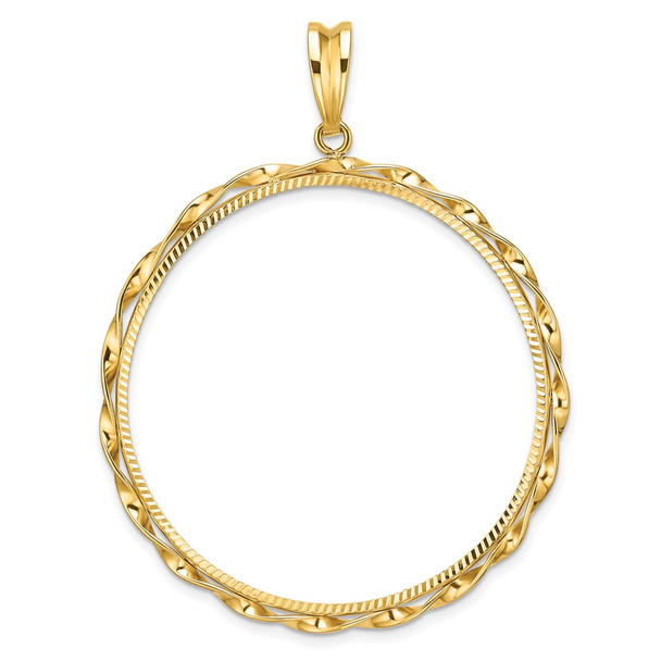 14k Yellow Gold Polished Hand Twisted Ribbon and Diamond-cut 39.5mm Prong Coin Bezel Pendant