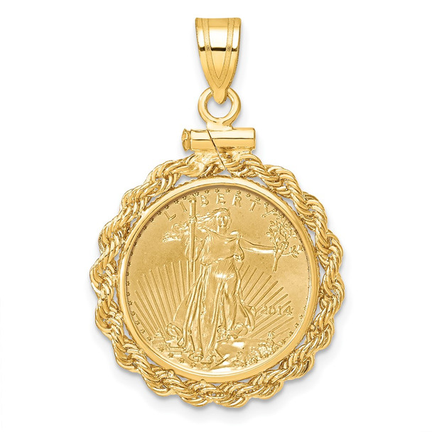 14k Yellow Gold Polished Rope Mounted 1/10oz American Eagle Screw Top Coin Bezel Pendant