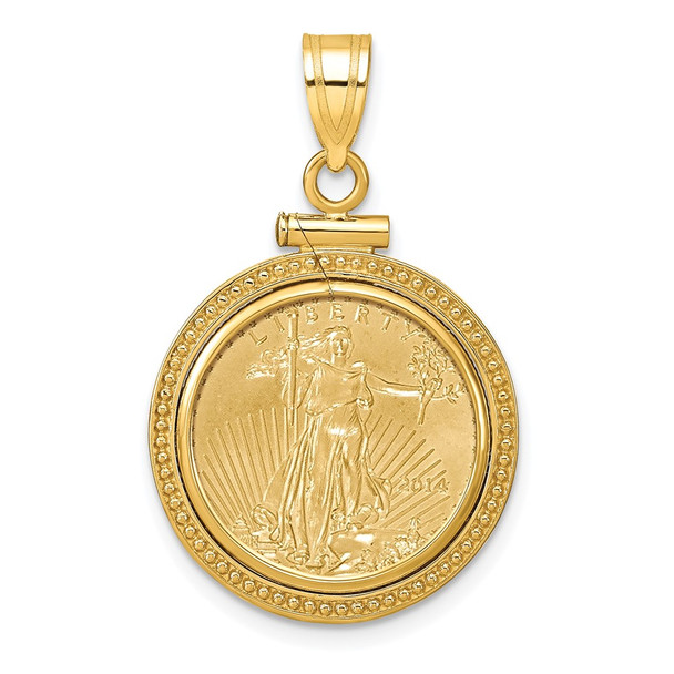 14k Yellow Gold Polished and Beaded Mounted 1/10oz American Eagle Screw Top Coin Bezel Pendant