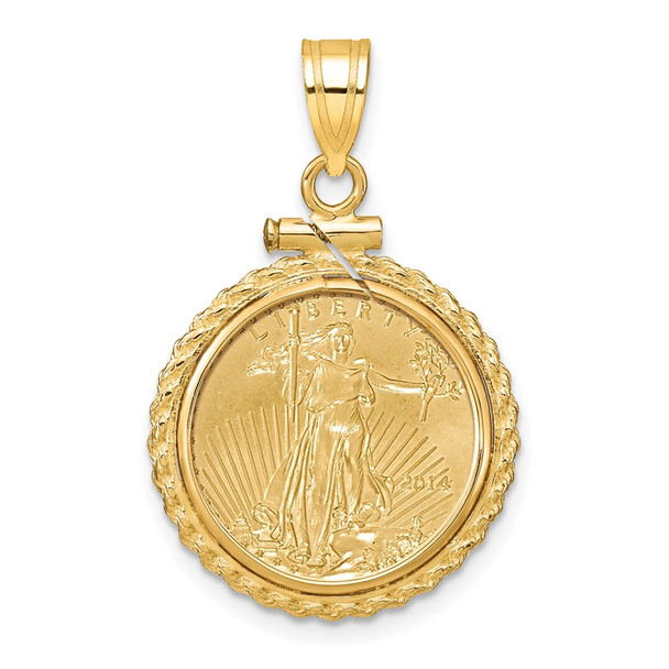 14k Yellow Gold Polished Casted Rope Mounted 1/10oz American Eagle Screw Top Coin Bezel Pendant