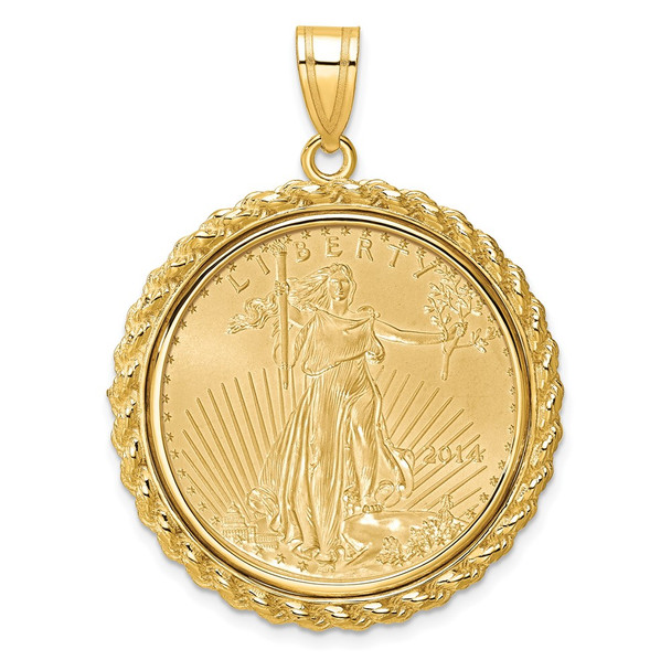 14k Yellow Gold Polished with Casted Rope Mounted 1/2oz American Eagle Prong Coin Bezel Pendant