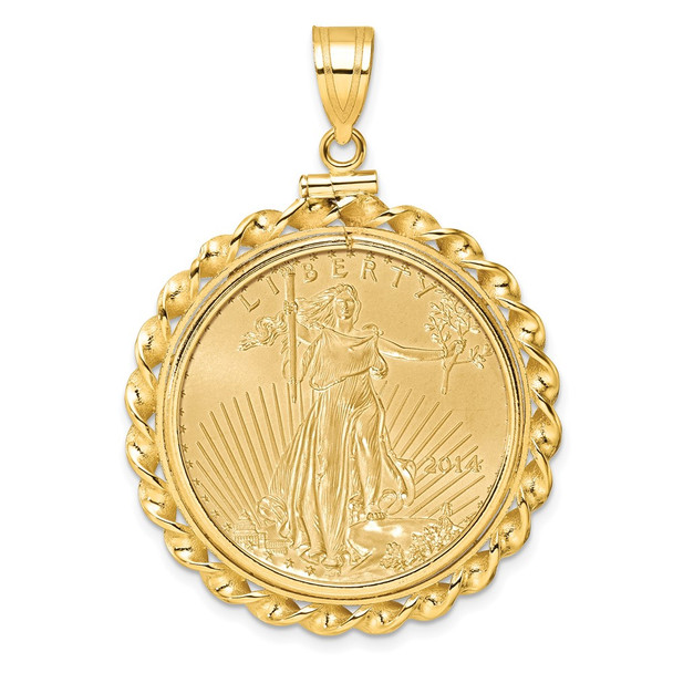 14k Yellow Gold Polished Wide Twisted Wire Mounted 1/2oz American Eagle Screw Top Coin Bezel Pendant