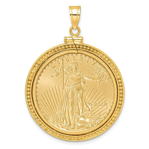 14k Yellow Gold Polished and Beaded Mounted 1/2oz American Eagle Screw Top Coin Bezel Pendant