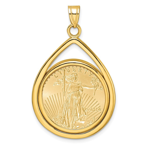 14k Yellow Gold Polished Lightweight Teardrop Mounted 1/4oz American Eagle Prong Coin Bezel Pendant