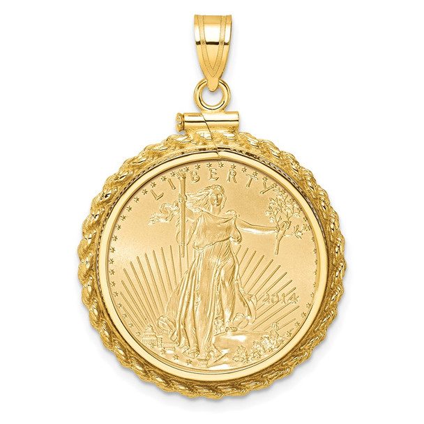 14k Yellow Gold Polished Casted Rope Mounted 1/4oz American Eagle Screw Top Coin Bezel Pendant