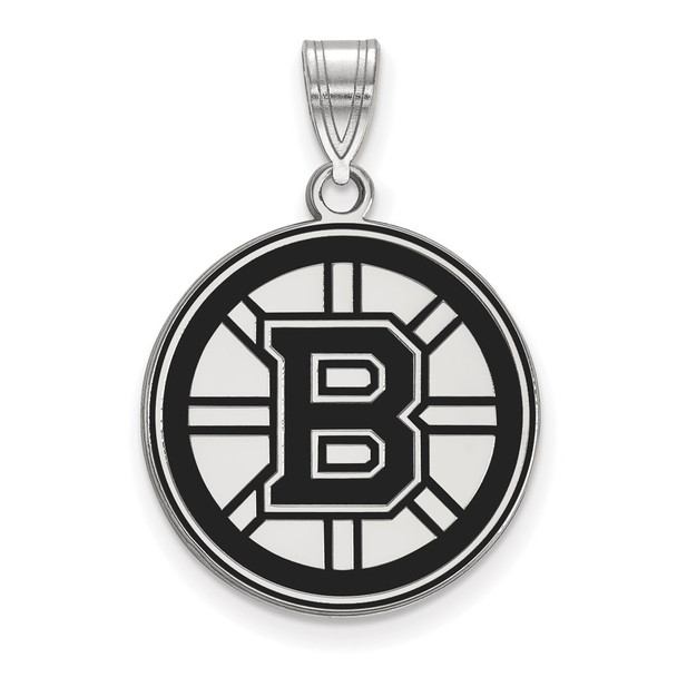 Sterling Silver Rhodium-plated NHL LogoArt Boston Bruins Large Enameled Pendant SS029BRI