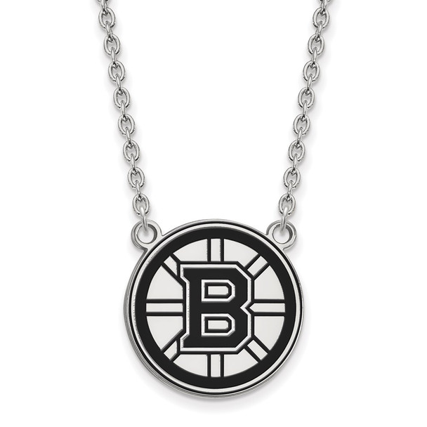 Sterling Silver Rhodium-plated NHL LogoArt Boston Bruins Large Enameled Pendant 18 inch Necklace