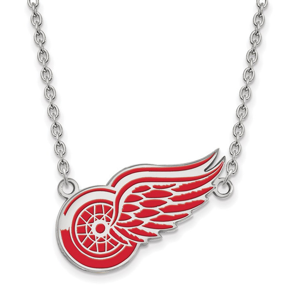 Sterling Silver Rhodium-plated NHL LogoArt Detroit Red Wings Large Enameled Pendant 18 inch Necklace