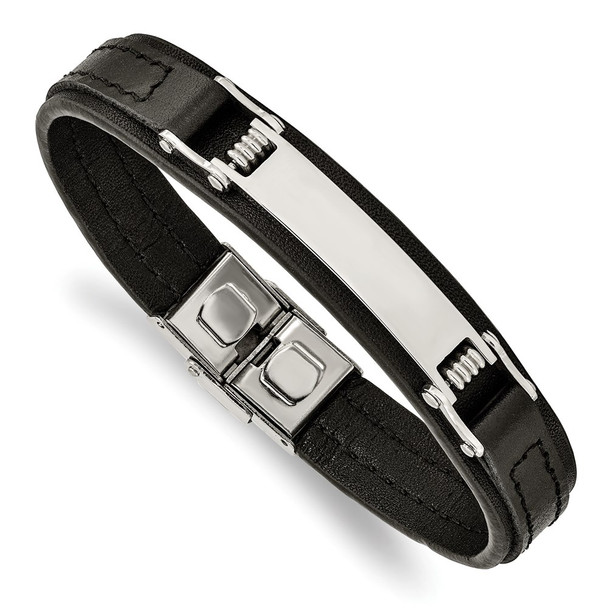 8.25" Stainless Steel Polished Black Leather ID Bracelet