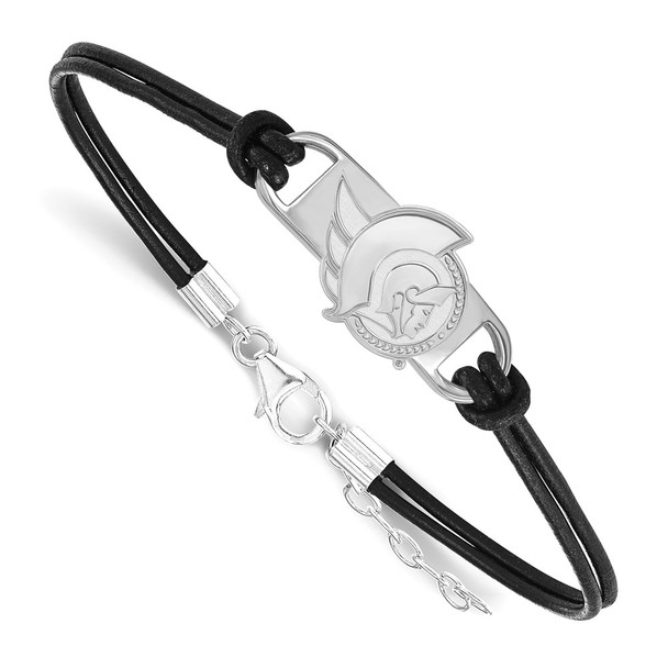 Sterling Silver Rhodium-plated NHL LogoArt Ottawa Senators Small Center Black Leather 7 inch Bracelet with Extender