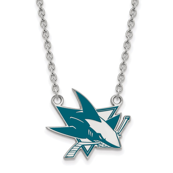 Sterling Silver Rhodium-plated NHL LogoArt San Jose Sharks Large Enameled Pendant 18 inch Necklace