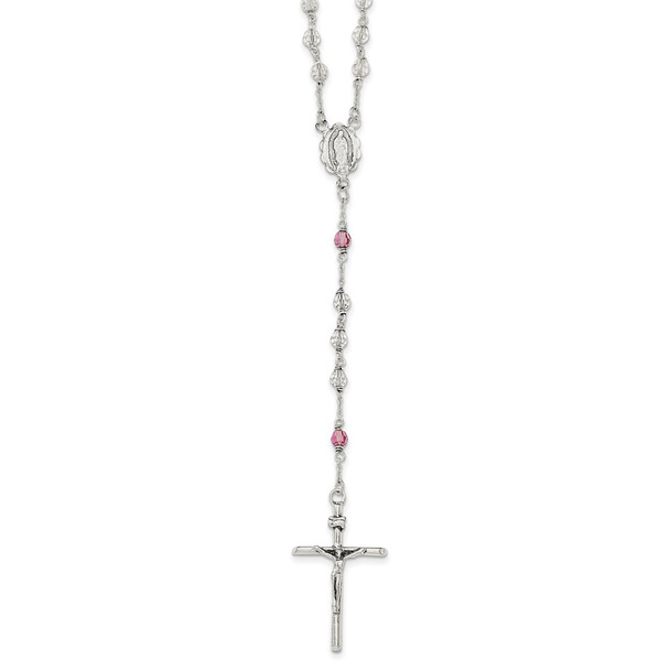 21.5" Sterling Silver Polished Crystal Rose Quartz Rosary Necklace