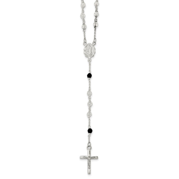 23.5" Sterling Silver Polished Black Crystal Rosary Necklace