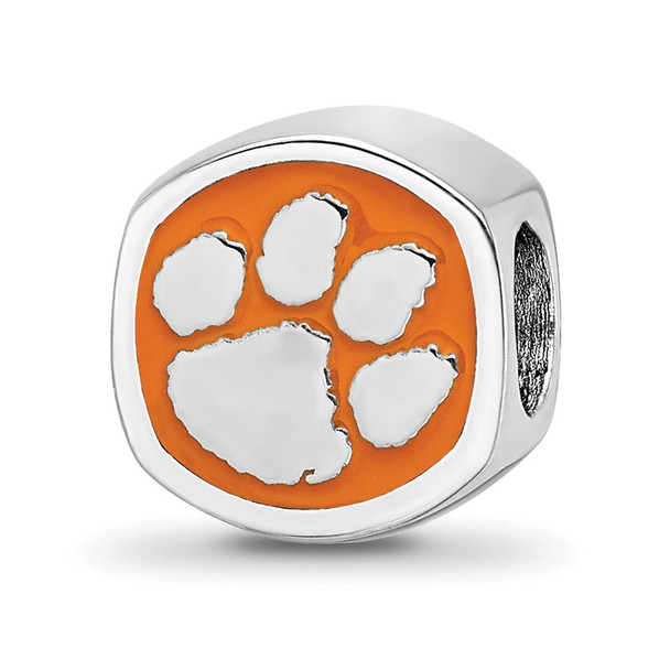 Sterling Silver Rhodium-plated LogoArt Clemson University Tiger Paw Enameled Bead