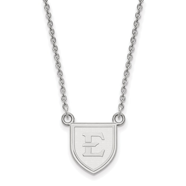 Sterling Silver Rhodium-plated LogoArt East Tennessee State University Letter E Shield Small Pendant 18 inch Necklace