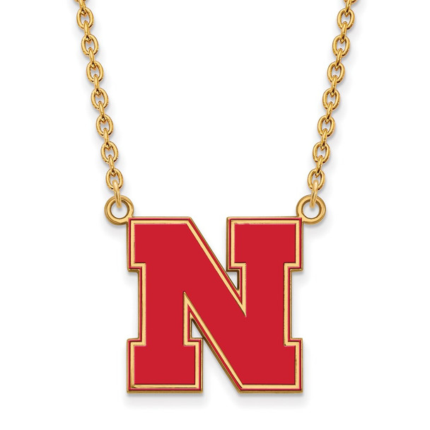 Sterling Silver Gold-plated LogoArt University of Nebraska Letter N Large Enameled Pendant 18 inch Necklace