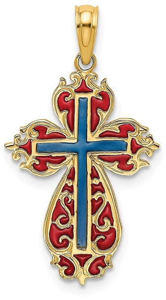 14k Yellow Gold with Blue and Red Stained Glass Cross Pendant