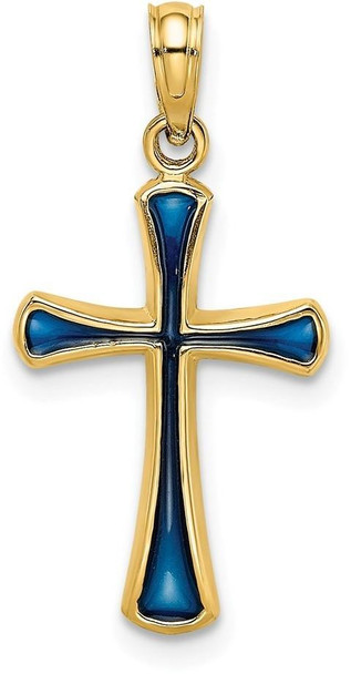 14k Yellow Gold Blue Stained Glass Tapered Cross Pendant