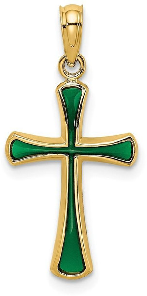 14k Yellow Gold Green Stained Glass Tapered Cross Pendant
