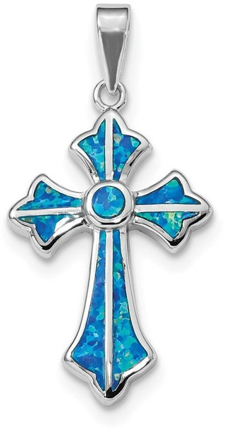 925 Sterling Silver Rhodium-Plated Blue Inlay Lab-Created Opal Cross Pendant