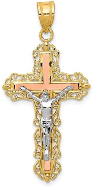 14k Yellow, White and Rose Gold Diamond-Cut Crucifix Pendant D3645