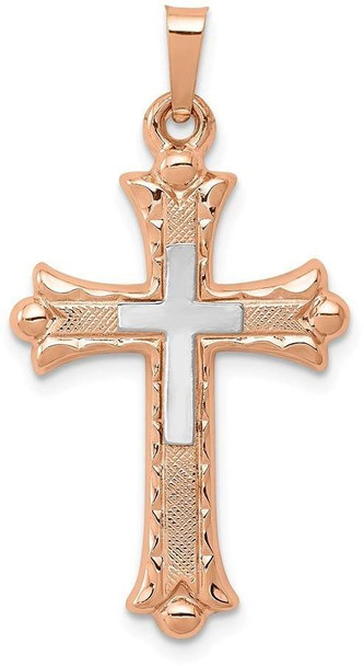 14k White and Rose Gold Textured, Brushed and Polished Budded Cross Pendant