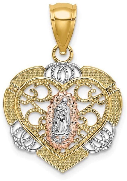 14k Rose and Yellow Gold with Rhodium Guadalupe In Heart Pendant