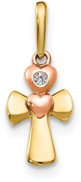 14k Yellow and Rose Gold Cubic Zirconia Childrens Cross Heart Pendant