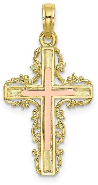 10k Yellow and Rose Gold with Lace Trim Cross Pendant