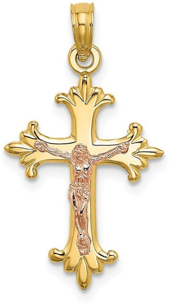 14k Yellow and Rose Gold Fleur de Lis Crucifix Pendant