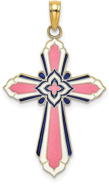 14k Yellow Gold 3-D with Pink and White Enamel Cross Pendant