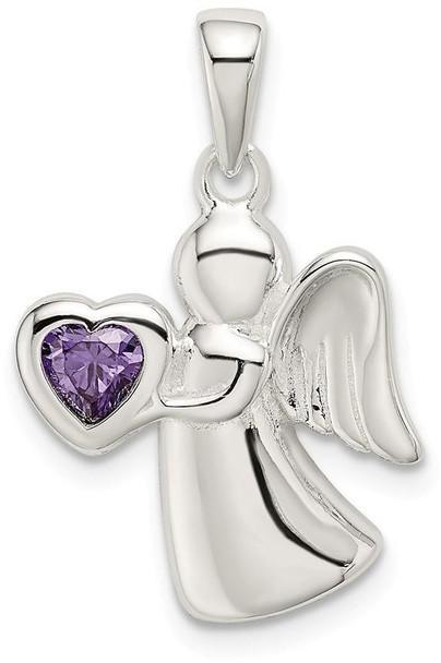 925 Sterling Silver Angel with Purple Cubic Zirconia Heart Pendant