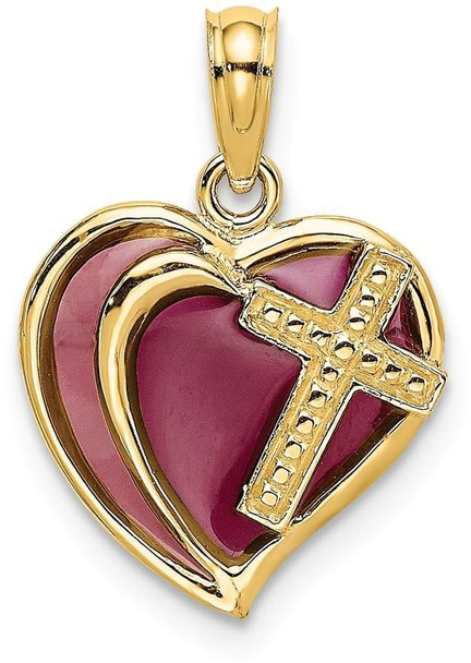 14k Yellow Gold with Purple Stained Glass Cross Heart Pendant