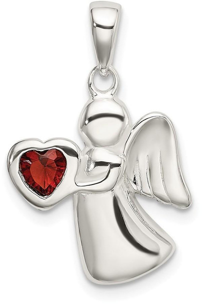 925 Sterling Silver Angel with Dark Red Cubic Zirconia Heart Pendant