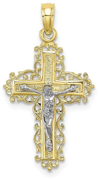 10k Yellow and White Gold Textured with Lace Trim Crucifix Pendant