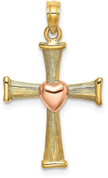 14k Two-tone Gold Textured Finish Cross with Heart Pendant