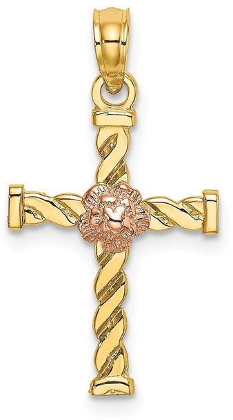 14k Two-tone Gold Twisted Cross with Flower Pendant