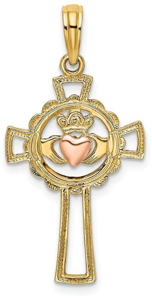 14k Two-tone Gold Cross with Claddagh and Heart Pendant