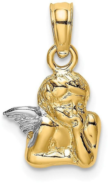 14k Yellow Gold and Rhodium Angel Resting On Elbow with Wing Pendant