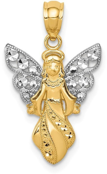 14k Yellow Gold and Rhodium Polished and Textured Angel Pendant