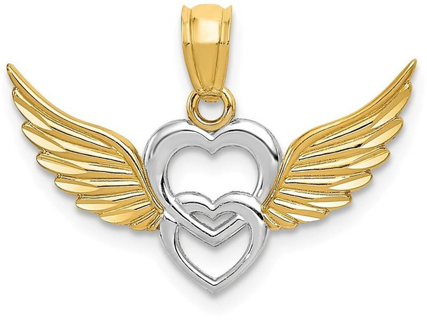 14k Yellow Gold and Rhodium Polished Hearts with Wings Pendant