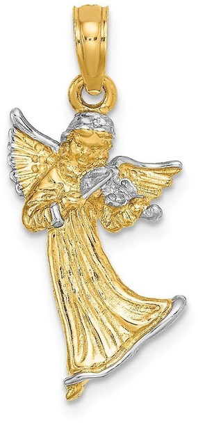 14k Yellow Gold And Rhodium 3-D Angel Playing Violin Pendant