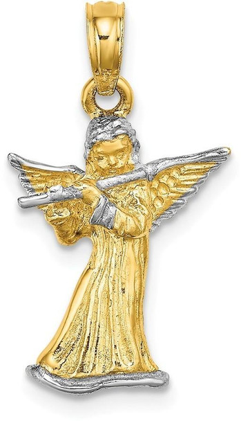 14k Yellow Gold And Rhodium 3-D Angel Playing Flute Pendant