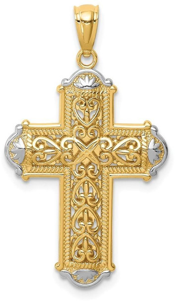 14k Yellow Gold and Rhodium Diamond-Cut Reversible Cross Pendant C4699