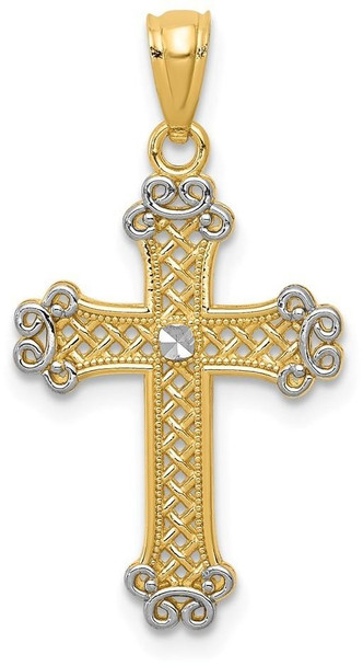 14k Yellow Gold and Rhodium Diamond-Cut Filigree Cross Pendant K6266